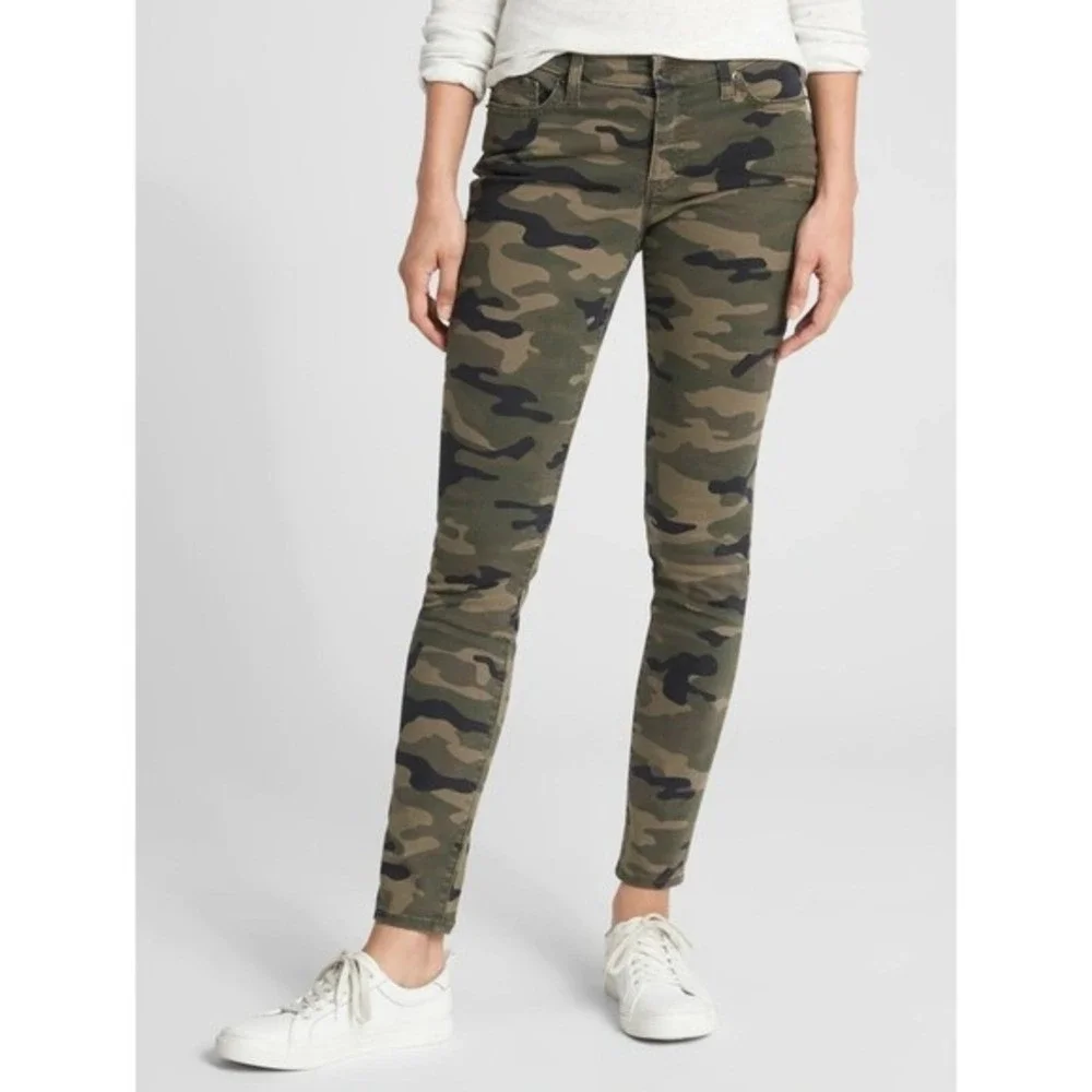 Gap Camo Jeggings Womens Size 29 Green Low Rise Stretch Skimmer Pocket Denim Y2K